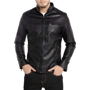 🆕 Men Black Stand Collar Leather Jacket Motorcycle Lightweight Durable Outwear
